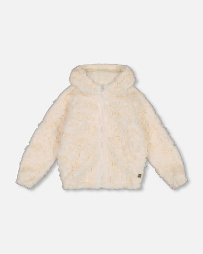 Off White Embroidered Faux Fur Cardigan