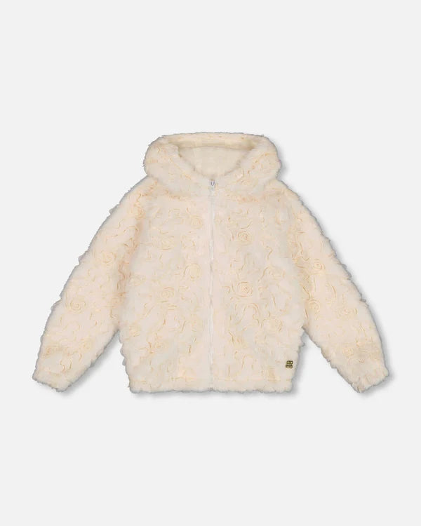 Off White Embroidered Faux Fur Cardigan