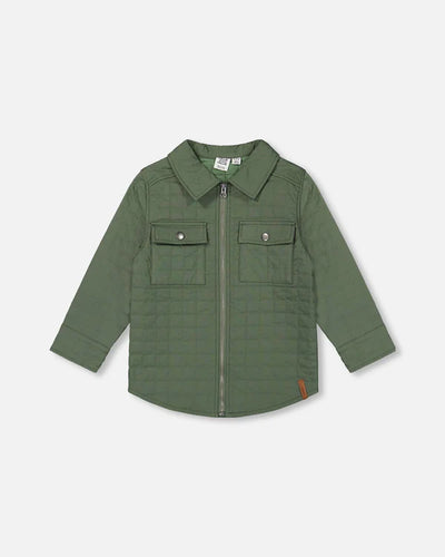 Forest Green Quilted Canvas Overshirt With Pockets