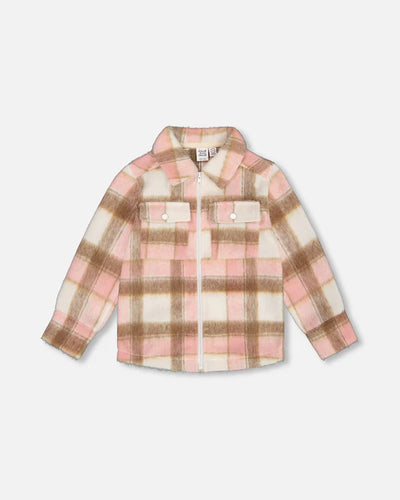 Pink, Brown, White Plaid Overshirt With Pockets