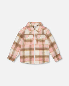 Pink, Brown, White Plaid Overshirt With Pockets