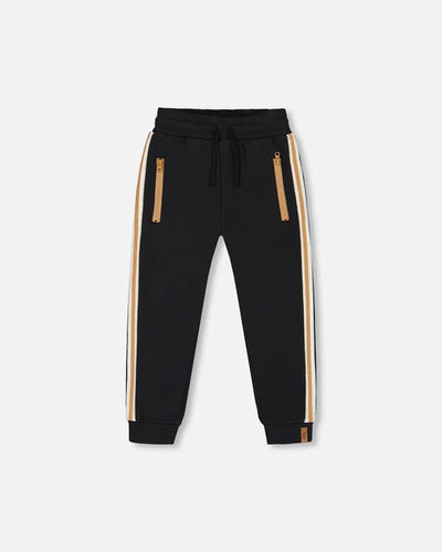 Anthracite Fleece Sweatpants With Tan Stripe