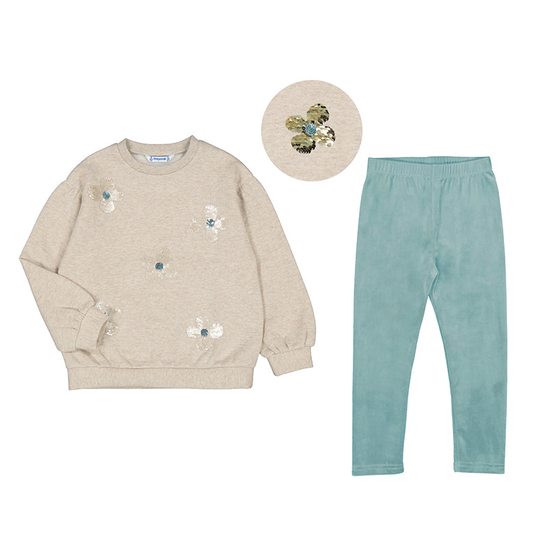 Oatmeal Sequin Sweater & Jade Legging Set