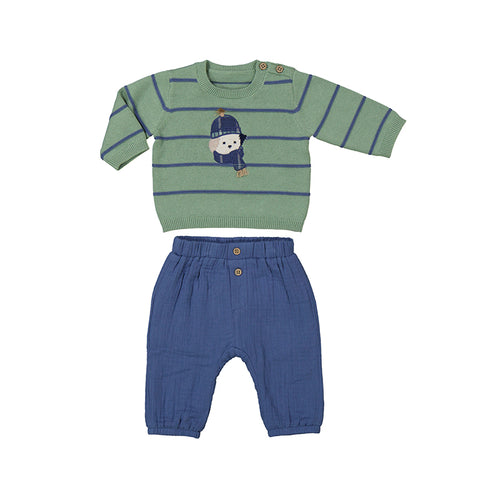 Forest Green Stripe Doggy Baby Sweater & Pant Set