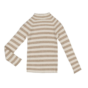 Tan Cream Stripe Rib Mockneck Sweater