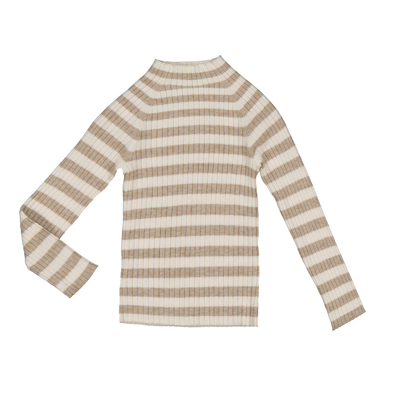 Tan Cream Stripe Rib Mockneck Sweater