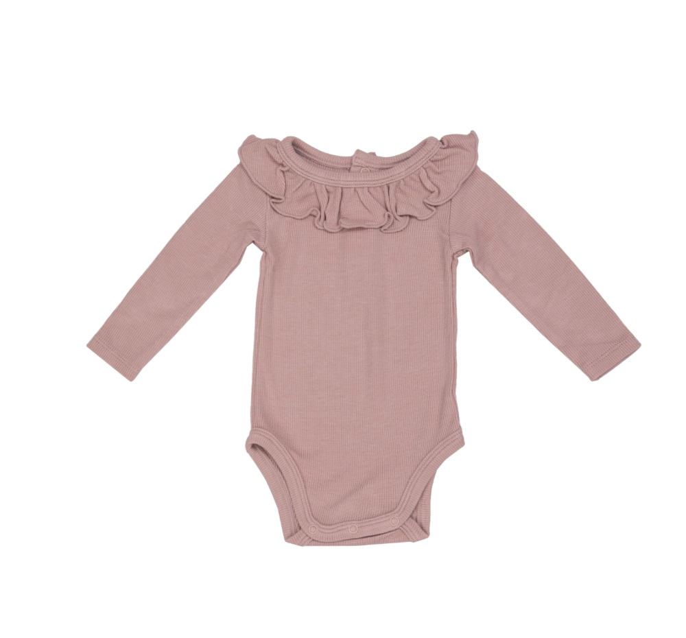 Rib Silver Pink Ruffle Collar Bodysuit